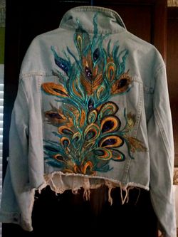 4x Light Wash Denim Jacket Peacock Feather Embroidery