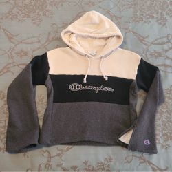 Champion Reverse Weave Colorblock Cropped Pullover Hoodie Gray Black Cream XS