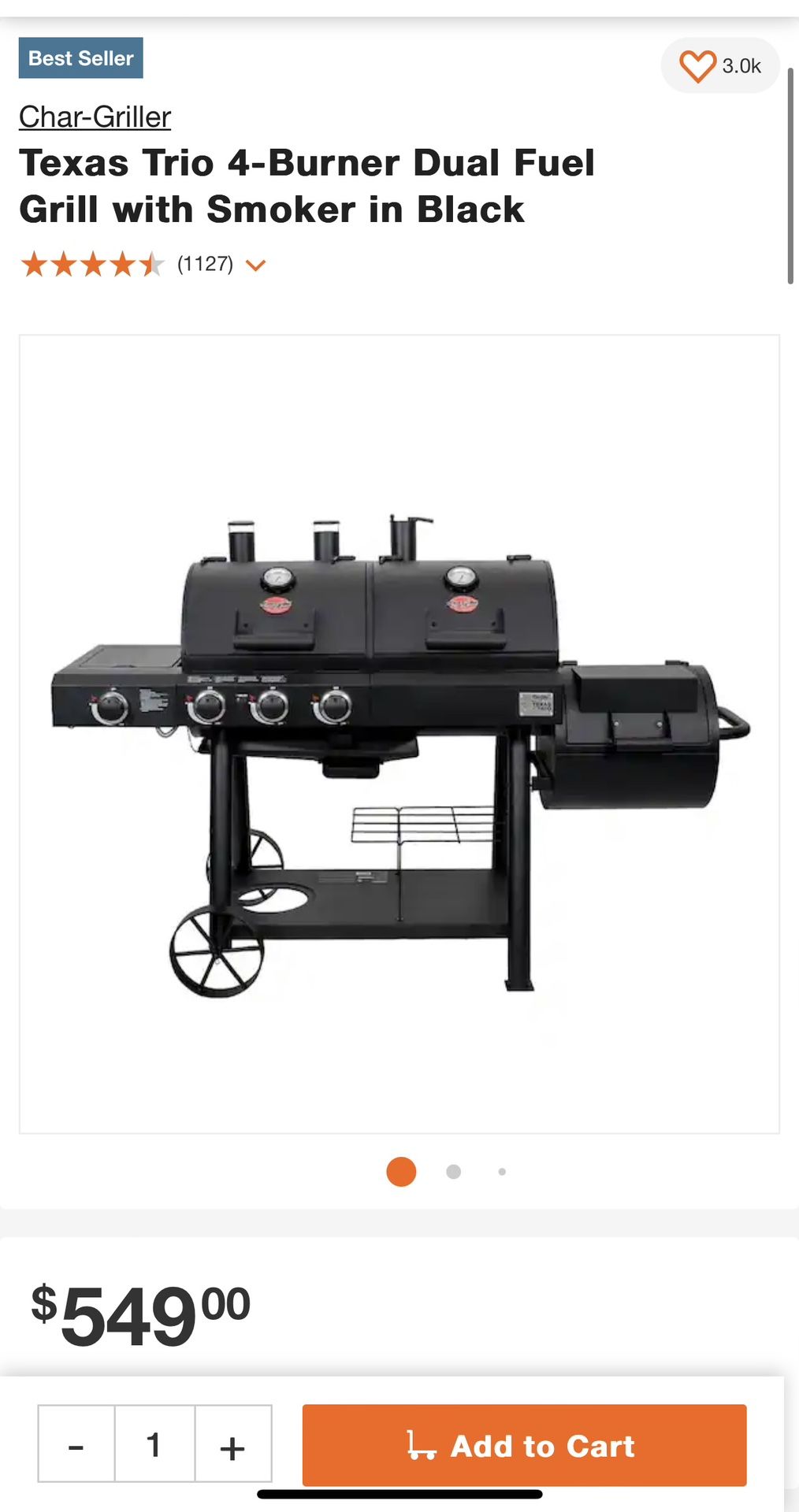 Texas Trio 4 Burner Dual Fuel Grill with Smoker in Black