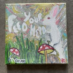 “Feed Your Head” Trippy Mushroom & Rabbit Canvas Painting 