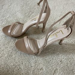 Lulus Elise sz 8.5 tan patent sandal heels tan/blush