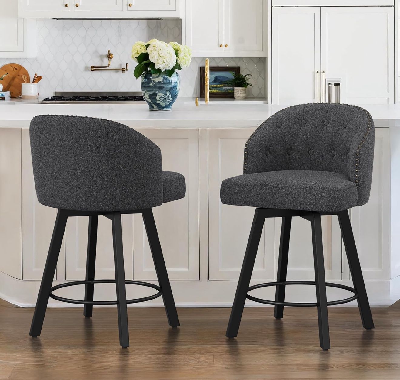 Counter Height Bar Stools Set of 2, 26" Swivel Fabric Upholstered Bar Stools with Backs and Metal Legs, Retro Counter Stools for Kitchen Island, Dinin
