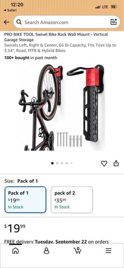 PRO BIKE TOOL Swivel Bike Rack Wall Mount - Vertical Garage Storage Swivels Left, Right & Center, 66 lb Capacity, Fits Tires Up to 3.54", Road, MTB &