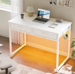 42" Small Computer Desk with RGB LED Lights & 2 Fabric Drawers, Modern Dorm Study Desk for Small Spaces