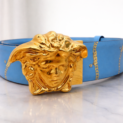 Versace Medusa Gold Buckle Belt Blue Chain Print Size 90/36