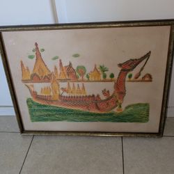 Vintage Thai Temple Rubbing Print Royal Swan Barge 25x18 
