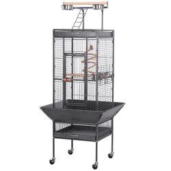 61" Playtop Parrot Bird Cage with Rolling Stand, Wrought Iron Parrot Cage for Cockatiels Quaker Conure Parakeet Lovebird Finch Canary, Black