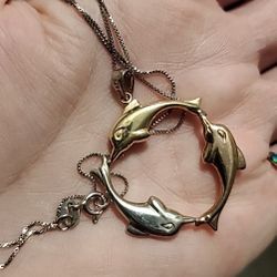 10k Gold And Sterling Silver Dolphin Necklace