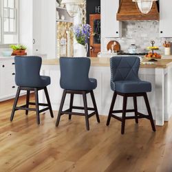 26 in. Navy Blue Wood Frame Counter Bar Stool Faux Leather Upholstered Swivel Bar Stool (Set of 3)