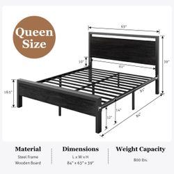 Metal Bed frame Wooden Headboard- Queen Size 14”