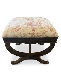 Antique Style Carved Wooden Ottoman Stool - French Toile Fabric