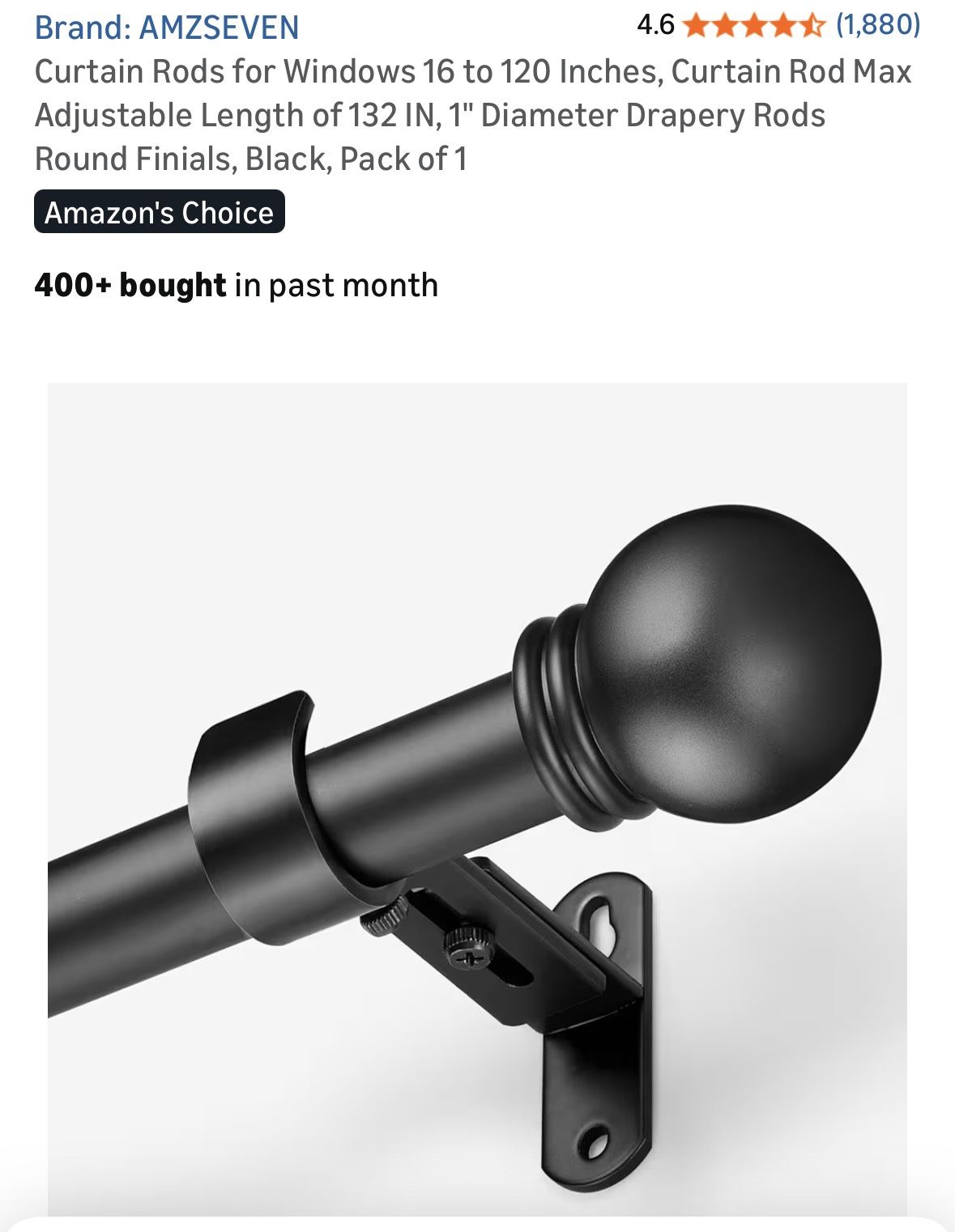 Curtain Rods for Windows 16 to 120 Inches, Curtain Rod Max Adjustable Length of 132 IN, 1" Diameter Drapery Rods Round Finials, Black, Pack of 1