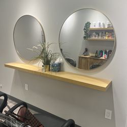 Wall Shelf And  Two Metal Brass Round Wall Mirror 