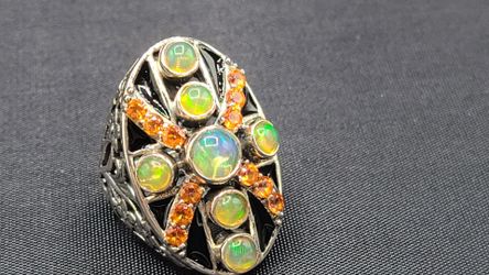 Sterling Silver Cluster/Cocktail Ring Opals and Orange Citrine