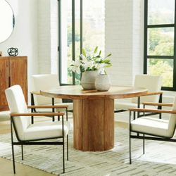 Dressonni - Brown - 6 Pc. - Round Dining Table, 4 Arm Chairs, Bar Cabinet
