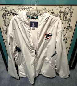 Miami Dolphins Reebok, Hooded Jacket With Full Zip Front Fleece Lining Velcro Clothes Pockets/Cuffs - size L