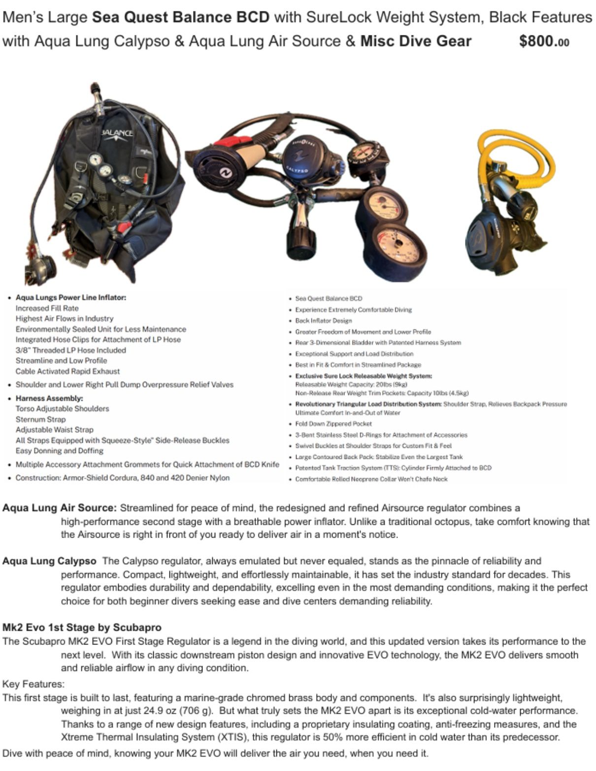 Men’s Seaquest balance BCD & Many Scuba Accessories