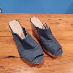 JACLYN SMITH Platform Slip On Sandals Wedge Shoes 8 M Denim Cork Blue Open Toe