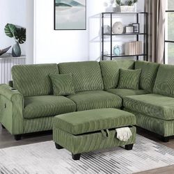 Brand New Sage Green Vintage Style Corduroy Sectional With Free Storage Ottoman And Charging Port 