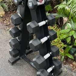 SET OF RUBBER DUMBBELLS & 10 DUMBBELL PYRAMID RACK (PAIRS OF)  :  5s  10s  15s  20s  25s 