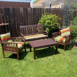 4 Piece Wood Teak Outdoor Patio Wooden Conversation Set With New Box Cushions