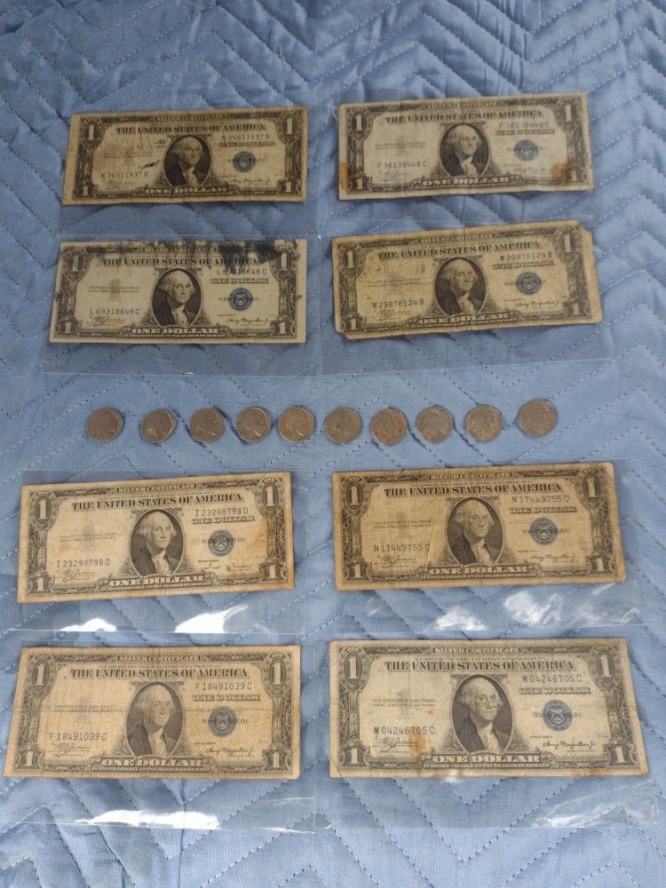 8 Billetes Sello Azul Y 10 Monedas De 5 Centavos