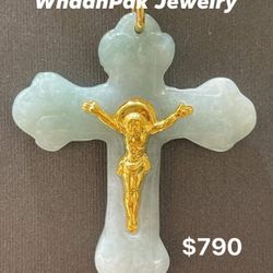 22K Yellow Gold With Jade Cross Carving In Laid