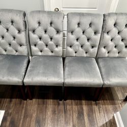 4 Dinning Chairs - Tufted Grey Velvet