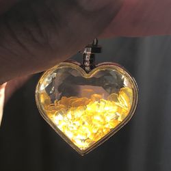 Floating Citrine Gemstone Chips Double Sided Window Heart Locket Pendant On Sterling Silver Chain 