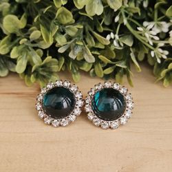 Stunning Green Cabochon In Halo Earrings 