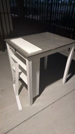 White & Gray Table with Storage Shelves & USB Ports
