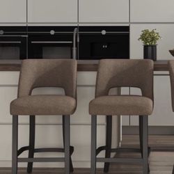 Two bar stools, bar stools Upholstered with counter height, modern stools with Black legs for kitchen, dining island or bar, brown color