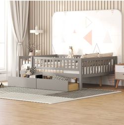 Grey Montessori Toddler Bed w/ Rail & 2 Drawers