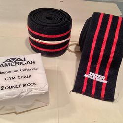 2 Preowned Inzer Leg Knee Wraps Powerlifting Weightlifting + Chalk Block USA Sports Accessories