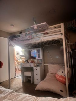 White Metal Loft Bed Frame with Ladder
