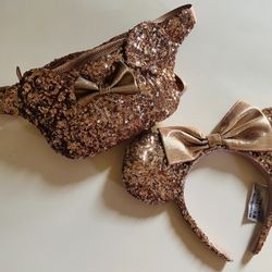 Disney Parks Loungefly Rose Gold Sequin Minnie Mouse Fanny Pack & 2017 Headband
