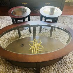 Sturdy, Beautiful Espresso Wood and Glass Coffee Table And 2 Matching Side Tables And A Beautiful Oatmeal Color Thomasville Rug