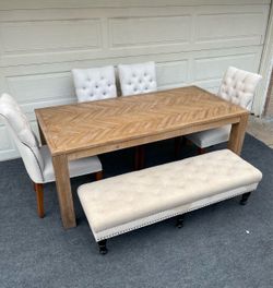 6-PC AESTHETIC RUSTIC STYLE DINING SET (1 RUSTIC DINING TABLE, 1 LARGE BENCH AND 4 PADDED CHAIRS)