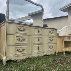 Vintage French Provincial Bedroom Set Dresser With Mirror Upright Chest Nightstand 61”Lx20”Wx33”H Dresser 24”Lx15”Wx24”H Nightstand  34.5”Lx18”Wx47”H 