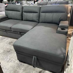 Pull-Out Sleeper Sectional w Cup Holders, Dark Gray, SKU#1089620
