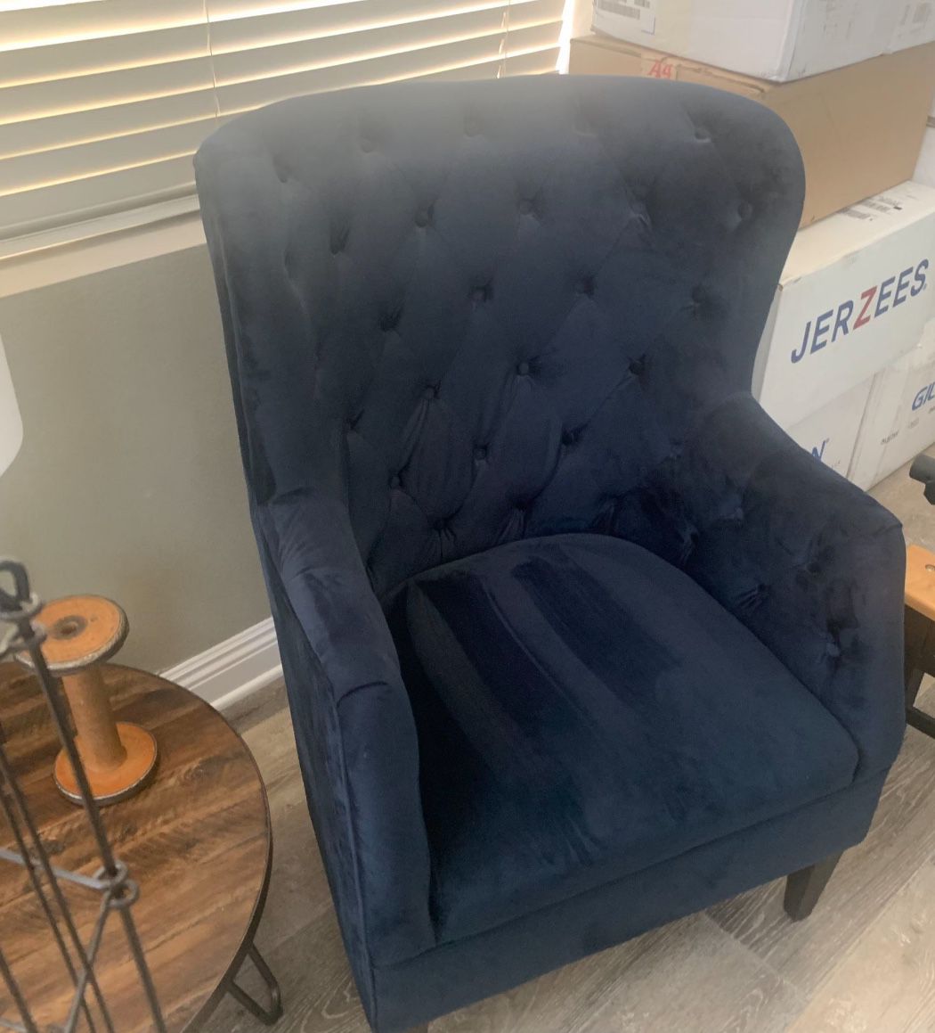 (2) Velvet Navy Blue Wingback Accent Chairs $200 Each