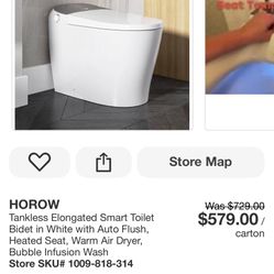 HOROW Tankless Elongated Smart Toilet Bidet in White with Auto Flush, Heated Seat, Warm Air Dryer, Bubble Infusion Wash Store