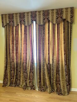 Custom cornice board valances with 6 throw pillows drapes and sheers 8 foot long ones from ceiling to floor.  Also throw pillows