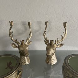 Set Of 2 Handcrafted 13X7.5” Brass Look Stag Deer Head Ornate Heavy Candelabra 