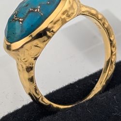 925 Sterling Silver 14k gold plated Hammered  Oval Faceted Turquoise Ring,
