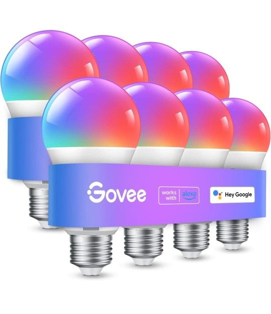 8 Pk 800 Lumen Govee Smart Light Bulbs, WiFi Bluetooth Color Changing