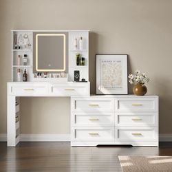 81"W Large Makeup Vanity with Adjustable LED Lighting and Charge Station