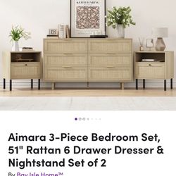 Bedroom Set, 51" Rattan 6 Drawer Dresser & Nightstand Set