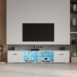  DMAITH White TV Stand for 70 75 80 Inch TV, TV Entertainment Center with LED Lights, Modern High Gloss TV Console with Storage Cabinet and Open Shelf