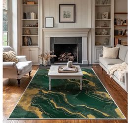 5x7 Area Rug Green Gold Modern Rug for Living Room Indoor Machine Washable Rugs for Bedroom Ultra Soft Dining Room Large Carpet Non-Slip Non-Shedding 